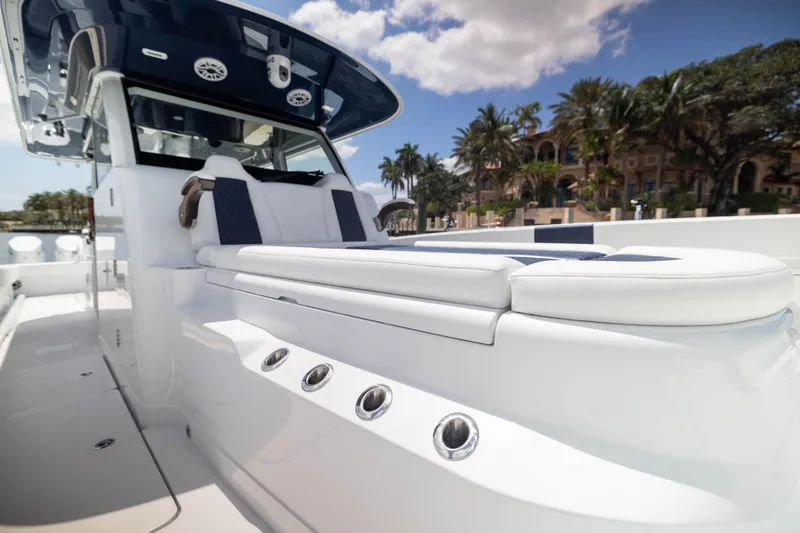 Slide: The Image of 2026 Freeman 47 LX boat interior with luxurious seating and modern design. - 15