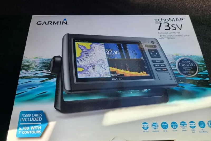 Slide: The Image of Garmin echoMAP 73sv fishfinder packaging, featuring ClearVü sonar technology and lake maps. - 10