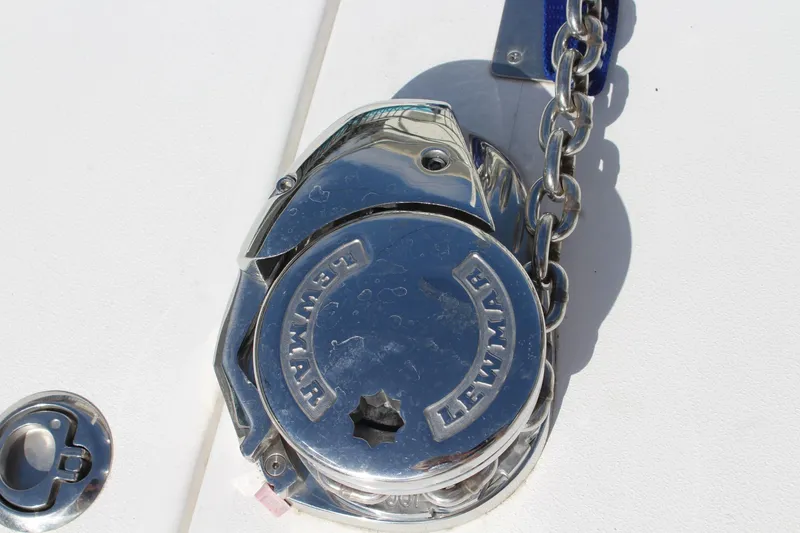 Slide: The Image of Chrome Lewmar windlass on 2008 Contender 38 Express boat deck. - 76