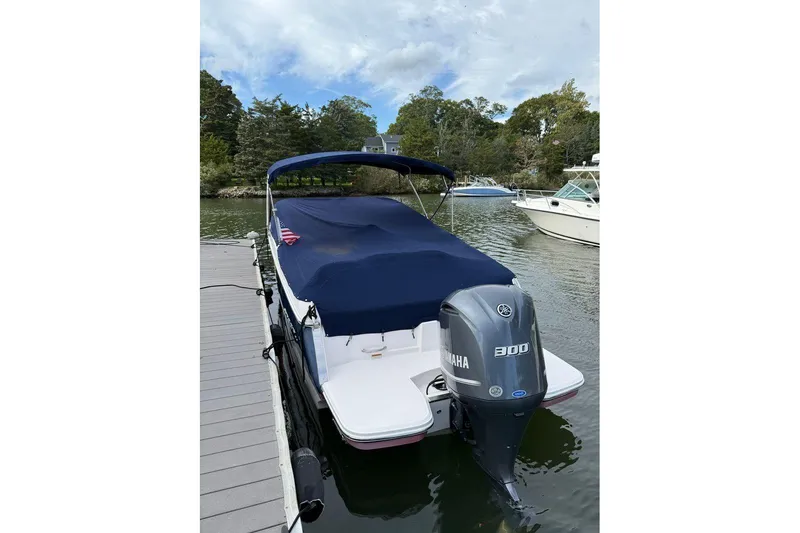 Slide: The Image of 2017 Regal 26 OBX boat with Yamaha 300 engine docked on a serene lake. - 9