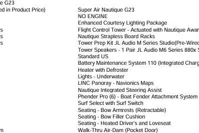 Slide: The Image of 2021 Nautique Super Air Nautique G23 features list, including lighting, audio, and seating options. - 14