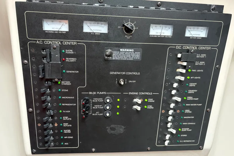 Slide: The Image of 1995 Luhrs Open Express control panel with AC and DC systems, switches, and gauges. - 31