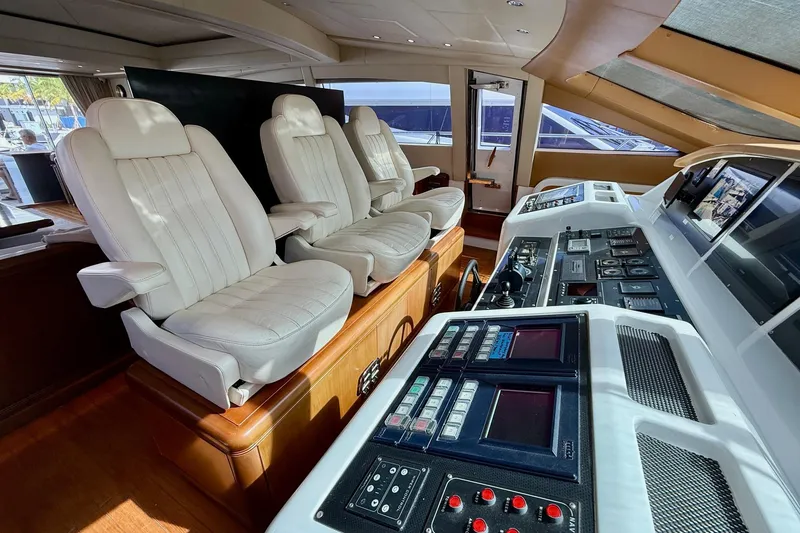 Slide: The Image of Luxurious 2005 Mangusta 92 yacht cockpit with plush white seating and advanced control panels. - 7