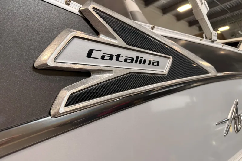 Slide: The Image of 2023 Avalon Catalina Platinum Rear J Lounge boat emblem detail. - 16