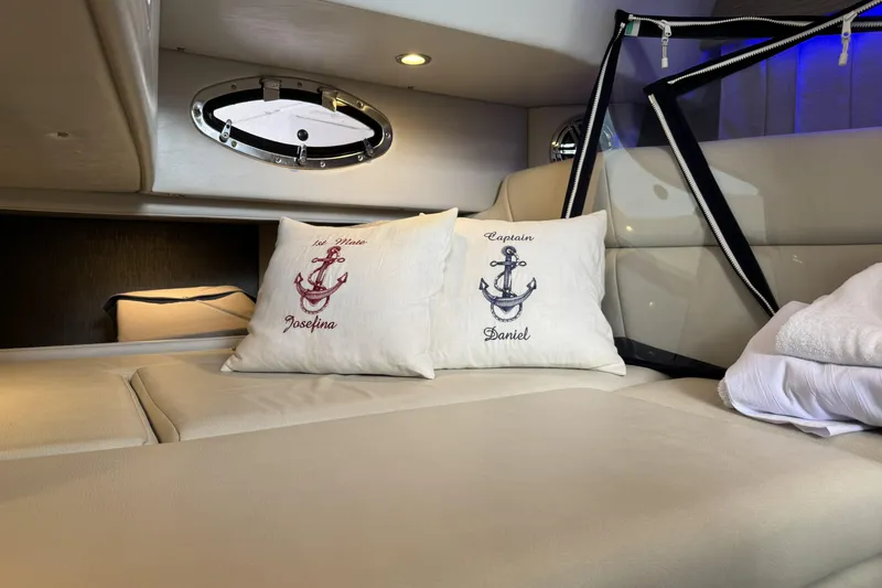 Slide: The Image of Interior of 2021 Formula 330 Crossover Bowrider OB with personalized nautical pillows. - 52