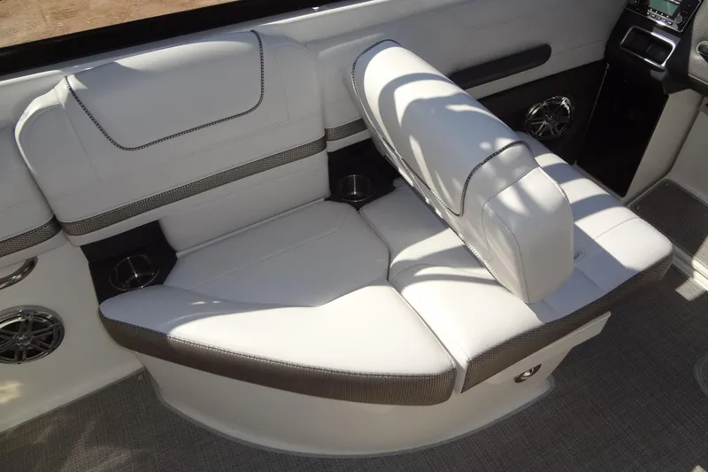 Slide: The Image of 2020 Formula 240 Bowrider interior with white seating and modern dashboard. - 20