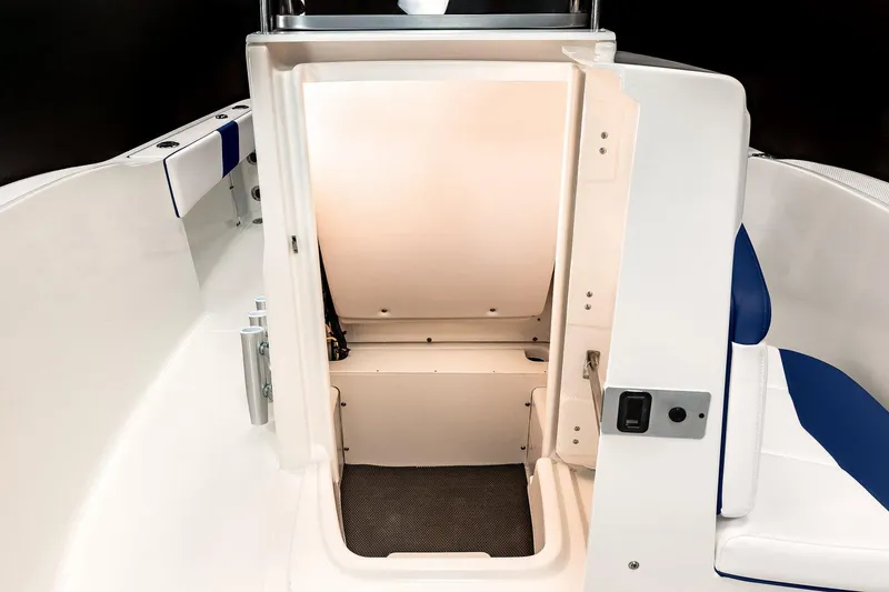 Slide: The Image of 2023 Robalo R180 Center Console boat seat, white and gray upholstery, front view. - 14