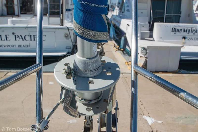 Slide: The Image of Sailboat deck view of a 1997 Catalina 320 MkII at a marina. - 39