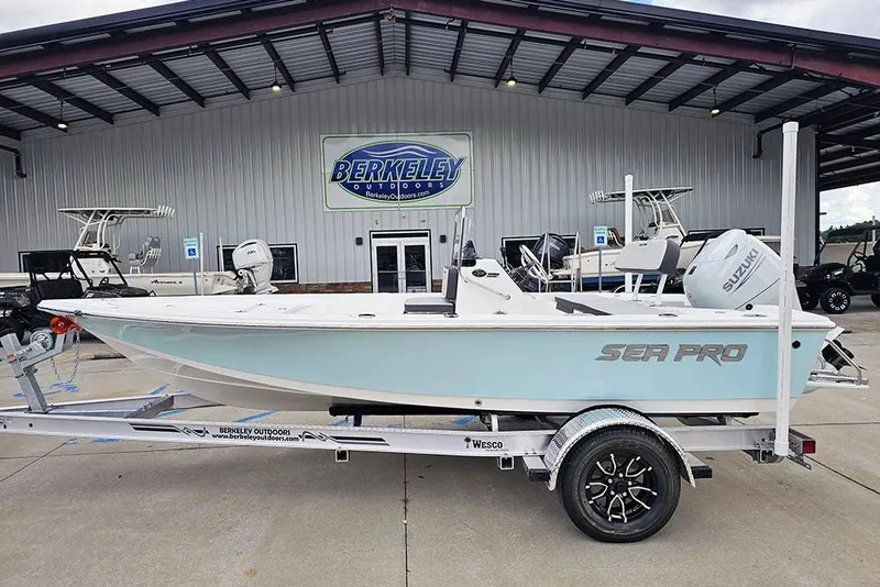 The Image of 2026 Sea Pro 172 Bay boat on trailer at Berkeley Outdoors dealership. - 1