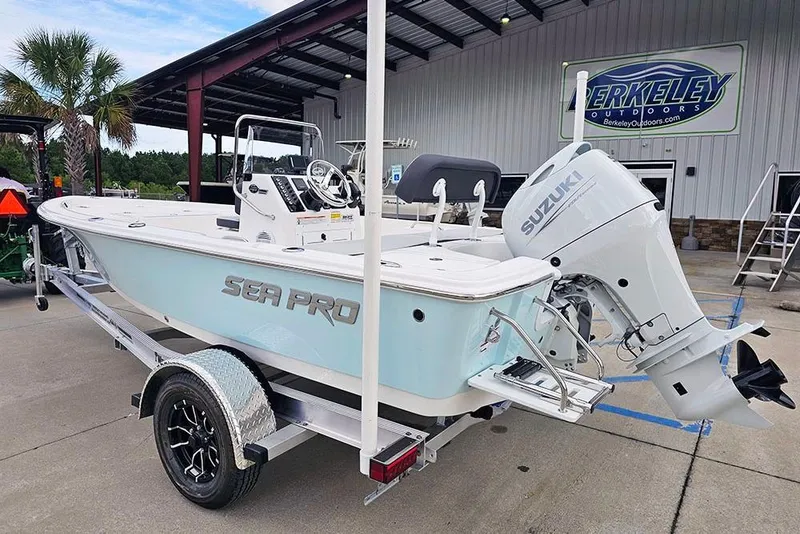 Slide: The Image of 2026 Sea Pro 172 Bay boat with Suzuki engine on trailer at Berkeley Outdoors. - 3