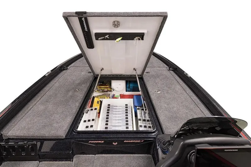 Slide: The Image of 2026 Phoenix 721 ZXL boat with open storage compartment, showcasing organized fishing gear. - 19