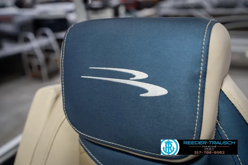 Slide: The Image of Blue and beige seat of 2026 Bennington 168 SLJ boat with logo embroidery. - 39