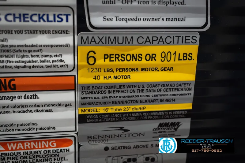 Slide: The Image of 2026 Bennington 168 SLJ capacity label: 6 persons or 901 lbs, 40 HP motor. - 54