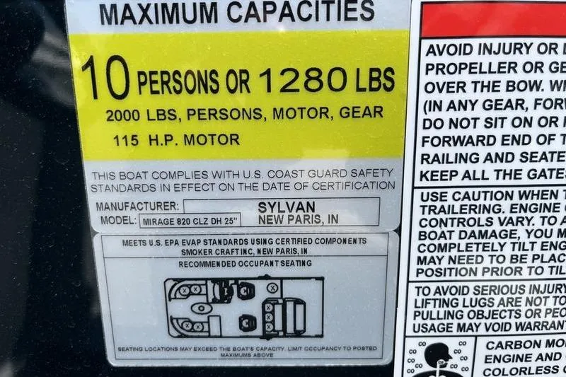 Slide: The Image of Capacity label for 2025 Sylvan Mirage 820 CLZ DH, 10 persons or 1280 lbs, 115 HP motor. - 15