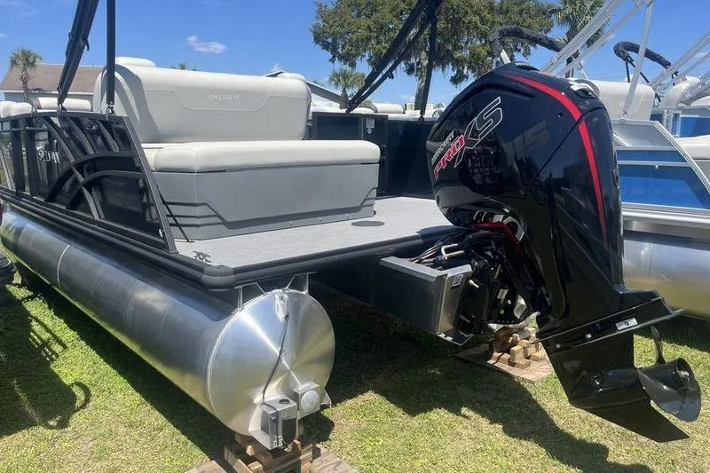 Slide: The Image of 2025 Sylvan Mirage 820 CLZ DH pontoon boat with powerful outboard motor. - 3