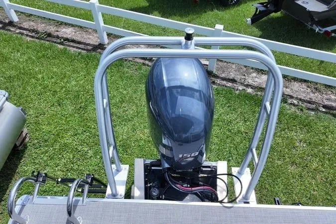 Slide: The Image of 2025 Sylvan Mirage 822 LZ boat with powerful 150 HP outboard motor, viewed from above. - 4