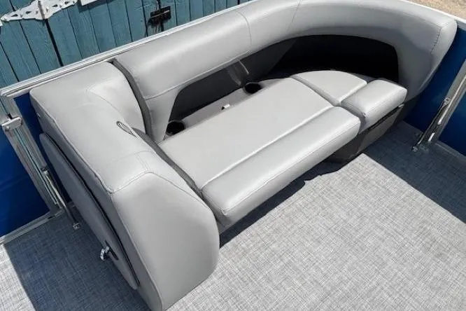 Slide: The Image of 2026 Sun Tracker Party Barge 18 DLX, gray seating, spacious and comfortable design. - 10