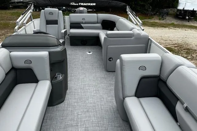 Slide: The Image of 2026 Sun Tracker Party Barge 20 DLX with spacious seating and modern design. - 2