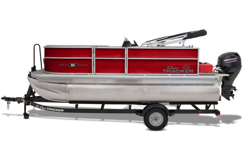 Slide: The Image of 2026 Sun Tracker Party Barge 16 DLX pontoon boat with 50 HP engine, rear view. - 3