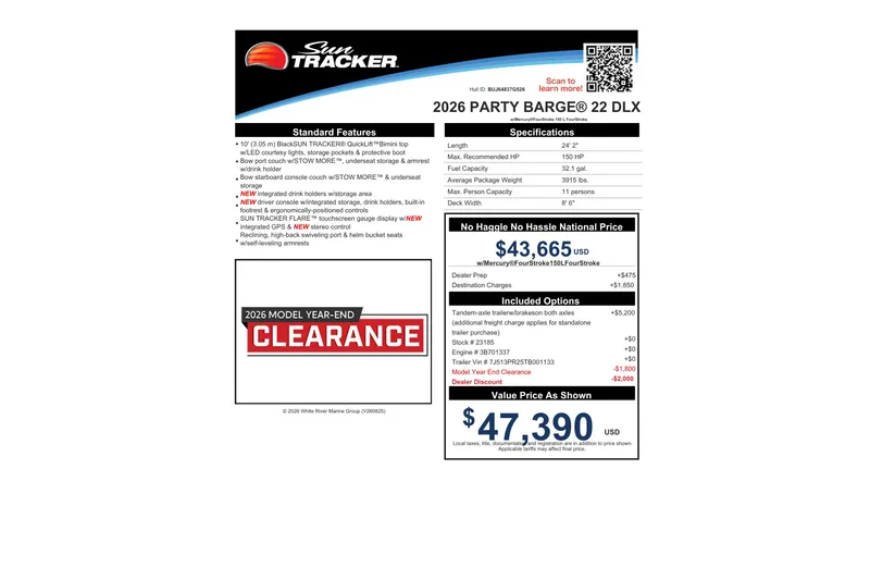 Slide: The Image of 2026 Sun Tracker Party Barge 22 DLX clearance sale details and pricing information. - 88
