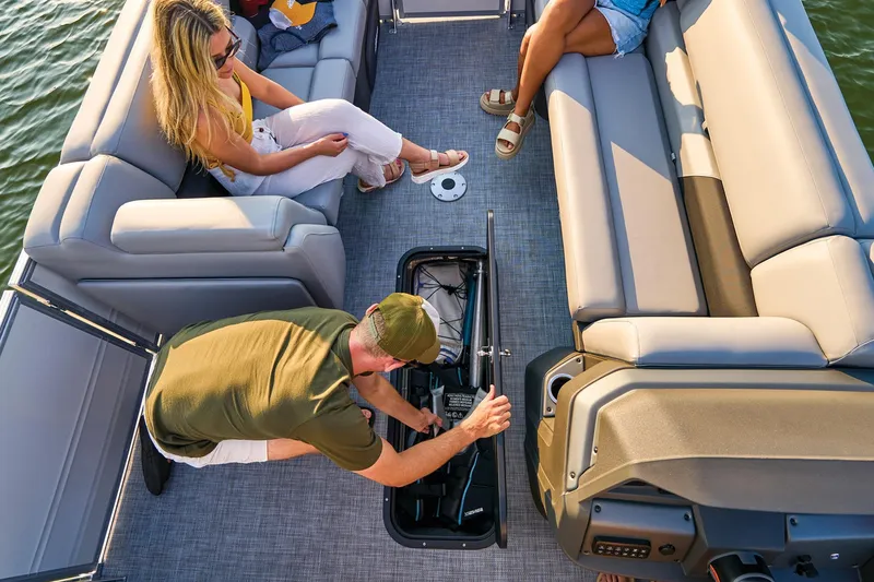 Slide: The Image of 2026 Sun Tracker Party Barge 22 XP3 interior with plush seating and modern design. - 7