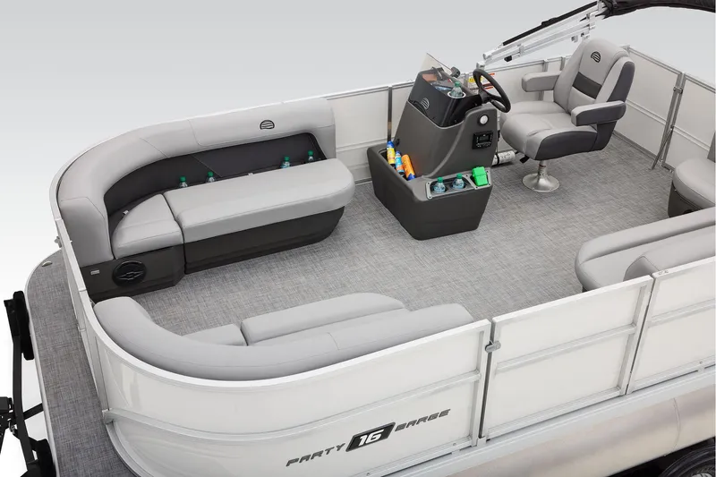 Slide: The Image of 2026 Sun Tracker Party Barge 16 DLX, featuring comfortable gray seating and modern design. - 12
