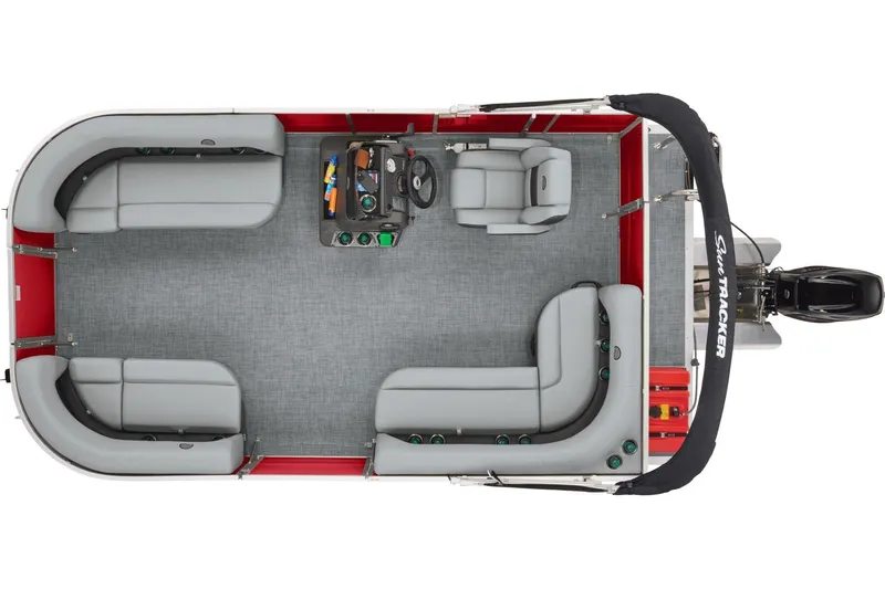 Slide: The Image of 2026 Sun Tracker Party Barge 16 DLX pontoon boat interior with seating and canopy. - 5