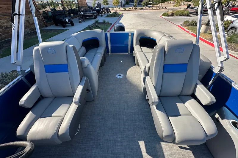 Slide: The Image of 2026 Sun Tracker Party Barge 22 DLX interior with plush seating and modern design. - 43