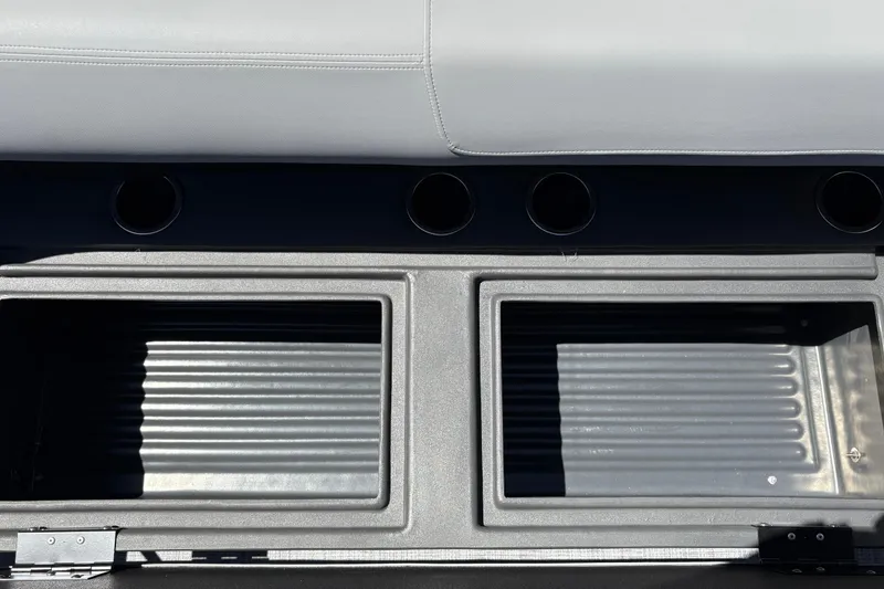 Slide: The Image of Interior storage compartments of 2026 Sun Tracker Party Barge 18 DLX pontoon boat. - 26
