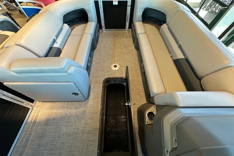 Slide: The Image of Interior of 2026 Sun Tracker Party Barge 22 XP3 with spacious seating and storage. - 18