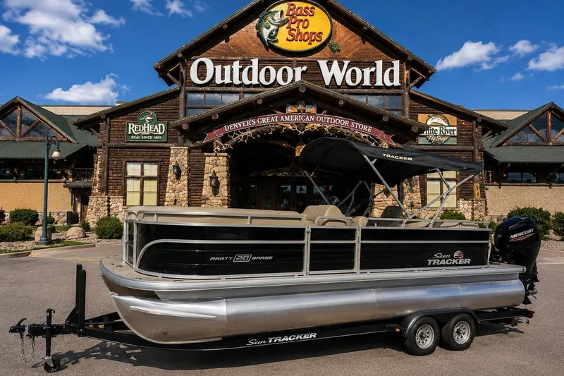 The Image of 2026 Sun Tracker Party Barge 20 DLX pontoon boat outside Bass Pro Shops Outdoor World. - 0