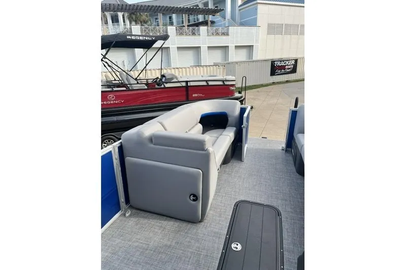 Slide: The Image of 2026 Sun Tracker Party Barge 22 XP3 with gray seating and modern design. - 4