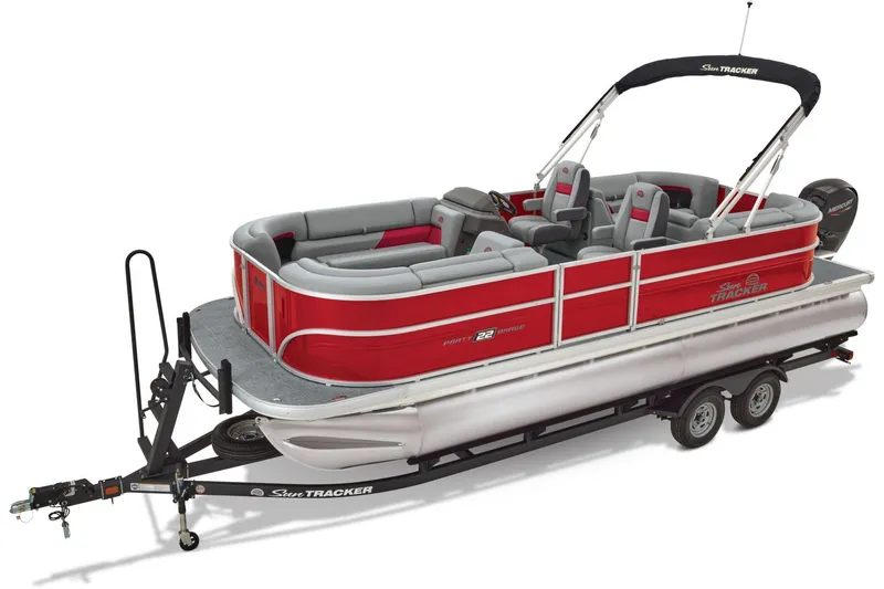Slide: The Image of 2026 Sun Tracker Party Barge 22 DLX interior storage compartment with cushioned seating. - 24
