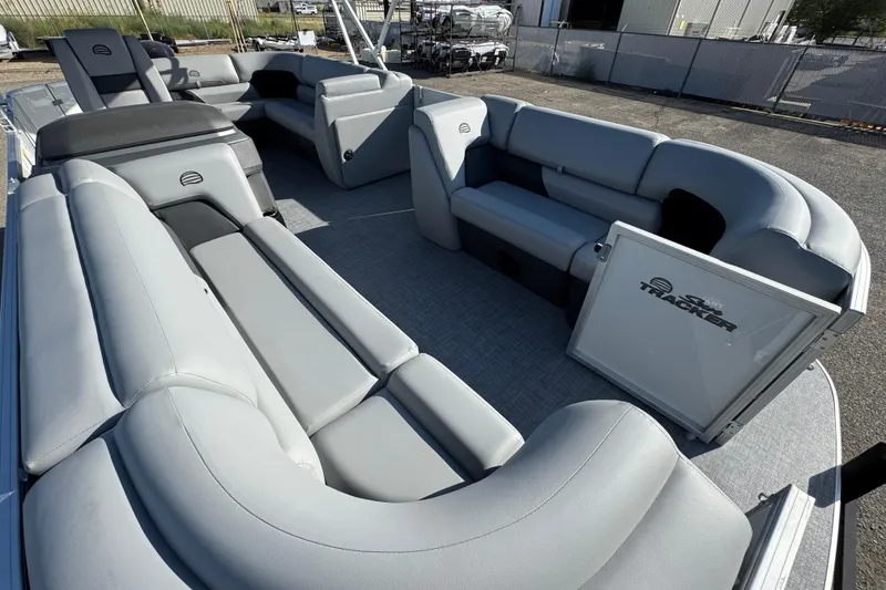 Slide: The Image of 2026 Sun Tracker Party Barge 20 DLX interior with spacious seating and modern design. - 8