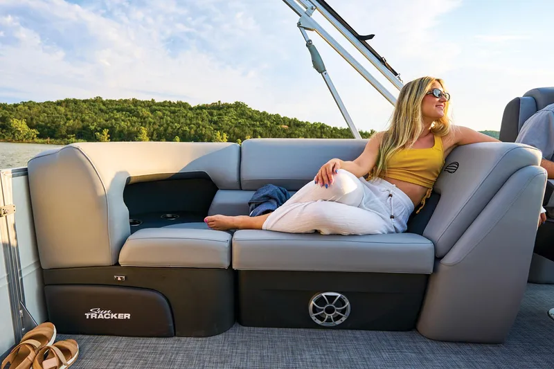 Slide: The Image of 2026 Sun Tracker Party Barge 22 XP3 interior with seating and steering console. - 12