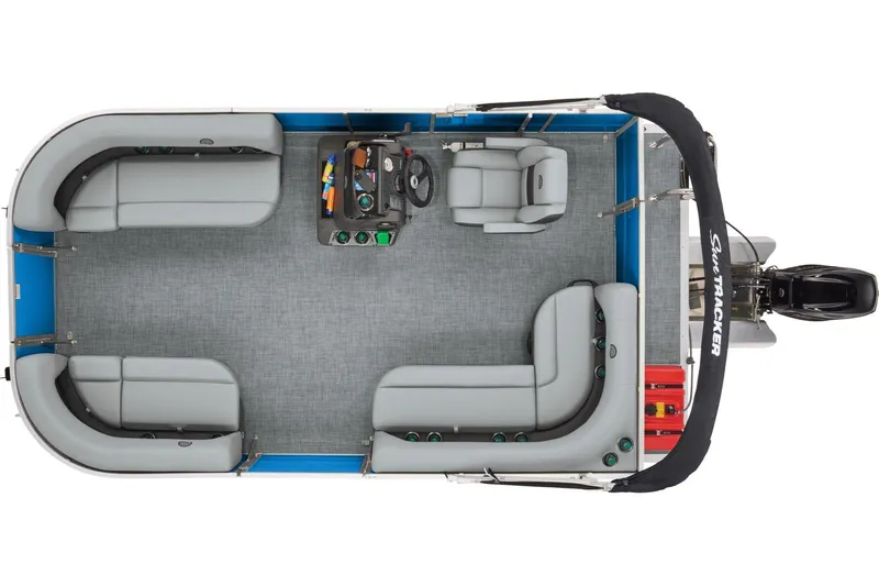 Slide: The Image of 2026 Sun Tracker Party Barge 16 DLX pontoon boat seating, featuring gray cushioned seats. - 4