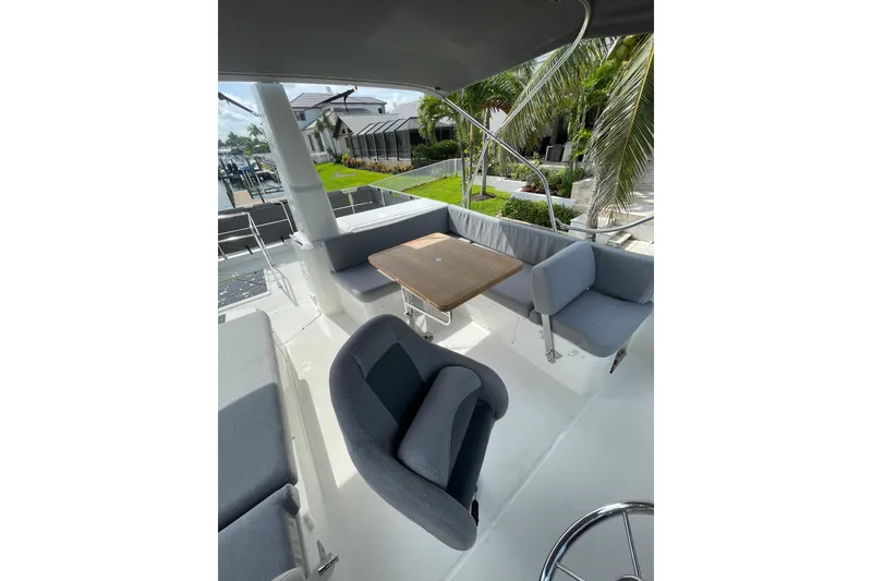 Slide: The Image of Flybridge seating area on 2025 Beneteau Swift Trawler 41 Fly, featuring comfortable chairs and table. - 27