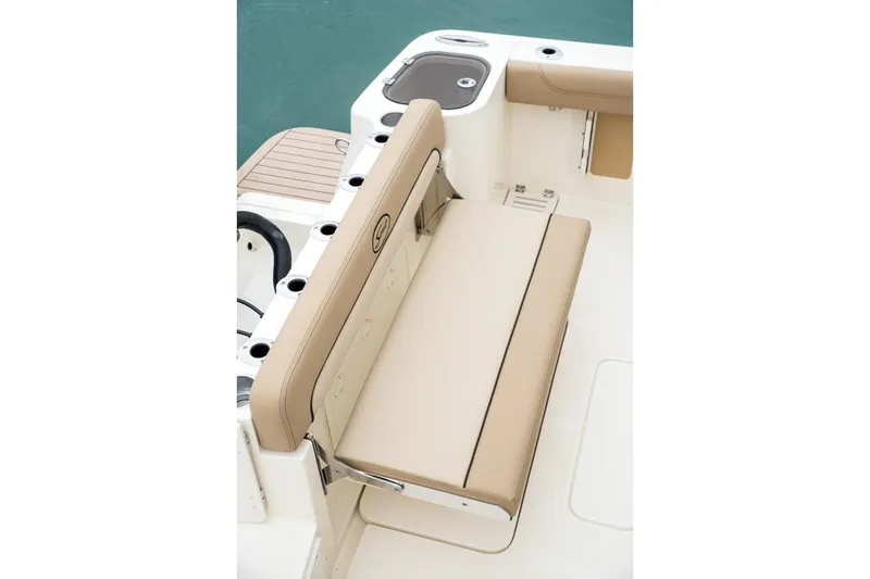 Slide: The Image of 2020 Scout 255 LXF boat seat with gray and white upholstery. - 11