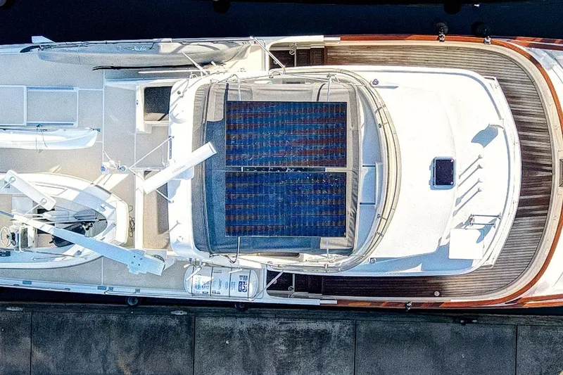Slide: The Image of Top view of 2001 Fleming 55 Pilothouse yacht with solar panels on deck. - 71