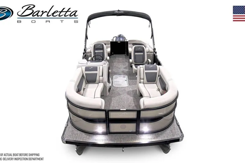 Slide: The Image of 2025 Barletta Cabrio 22QC pontoon boat with luxurious seating and sleek design. - 4