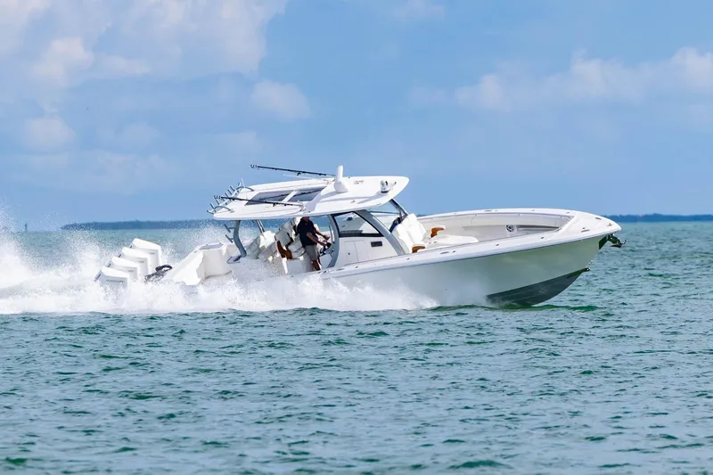 Slide: The Image of 2024 Blackwater 43 Sportfish boat cruising on open water, showcasing speed and elegance. - 28