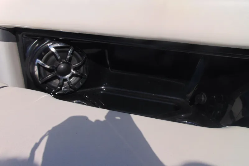 Slide: The Image of 2019 Yamaha Boats 275SD speaker detail with sleek black and white design. - 15