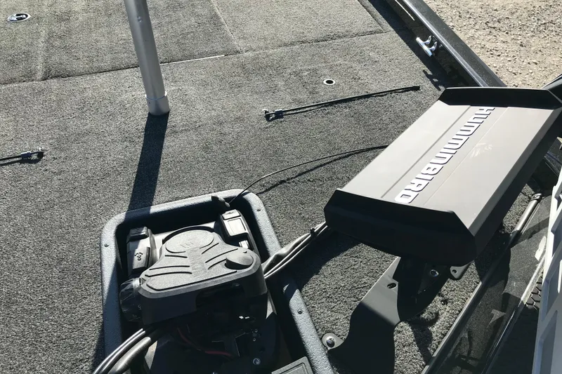 Slide: The Image of 2016 Ranger RT188 boat deck with Humminbird fish finder and foot pedal. - 17