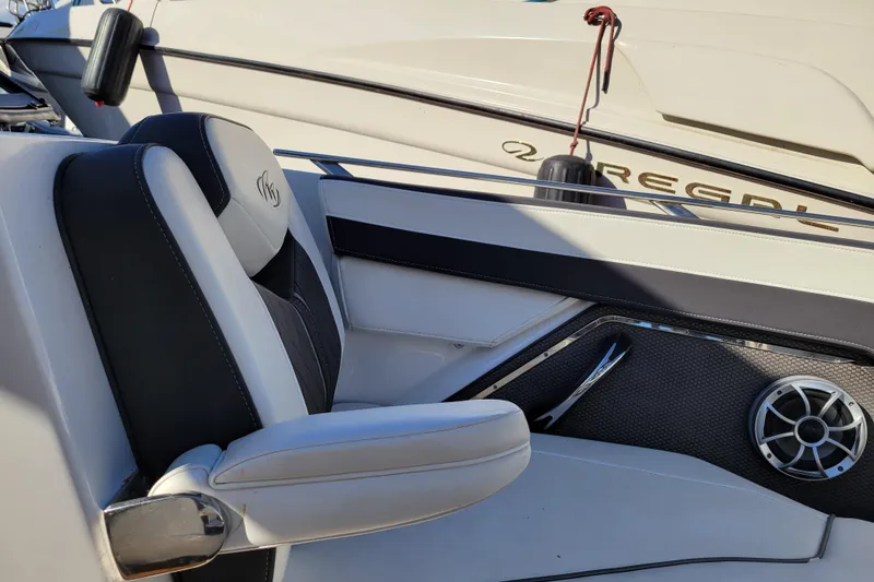 Slide: The Image of 2018 Monterey 278SS Super Sport boat interior with sleek seating and speaker detail. - 28
