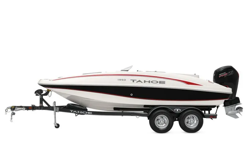 Slide: The Image of 2021 Tahoe 1950 boat on trailer, white with black and red accents, side view. - 10