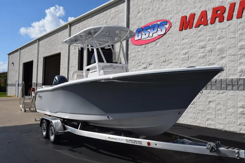 Slide: The Image of 2026 Sea Hunt Ultra 229 boat on trailer at GSPS Marine dealership. - 2