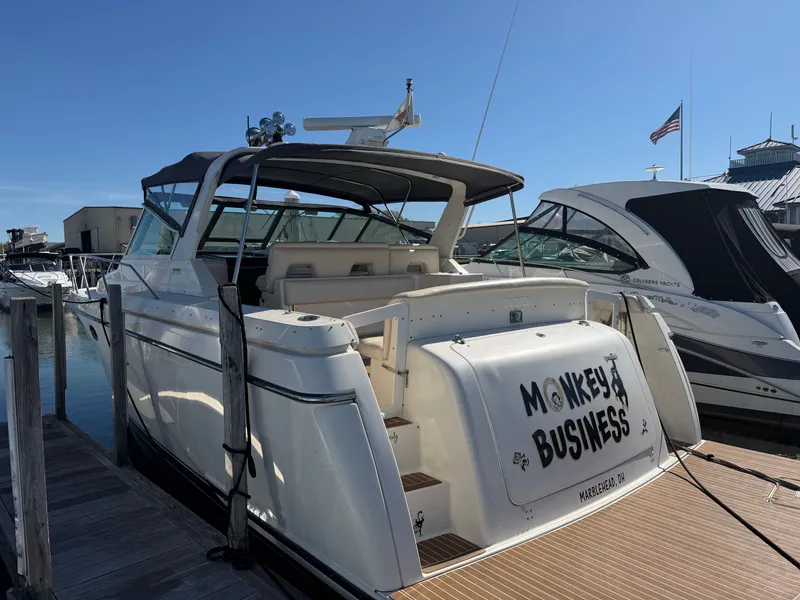 Slide: The Image of 1995 Tiara Yachts 3500 Express docked, named "Monkey Business," in a sunny marina setting. - 2