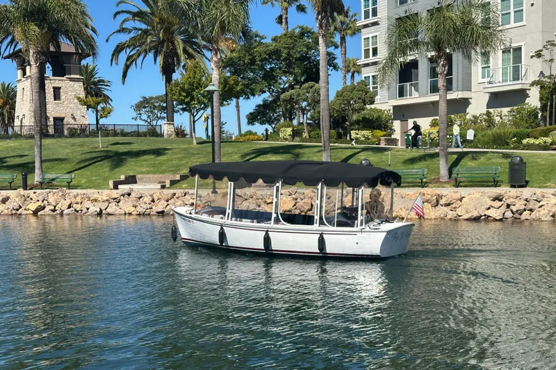 Slide: The Image of 2020 Duffy Snug Harbor 18 electric boat docked, featuring a black canopy and clear side panels. - 3