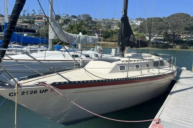 The Image of 1977 Islander 36 sailboat docked in a marina, surrounded by other boats. - 1