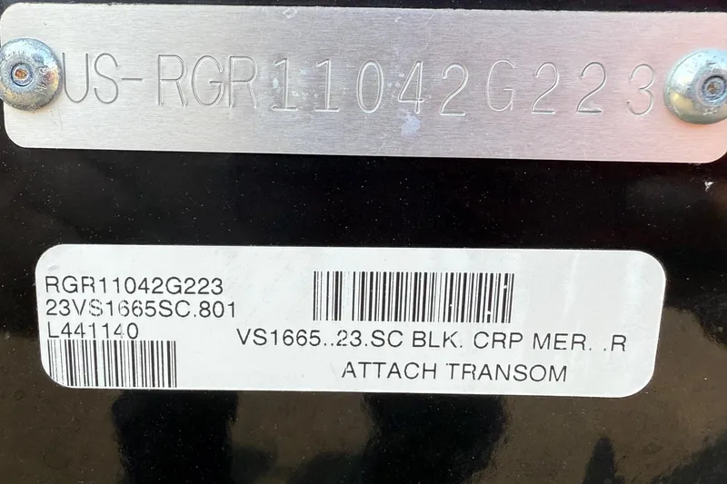Slide: The Image of 2023 Ranger VS1665SC boat identification plate with serial numbers and barcode. - 17